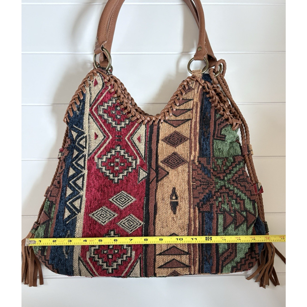Southwestern Tapestry Hobo Bag Woven Fringe Boho Aztec Slouchy Handbag Purse - Picture 16 of 16